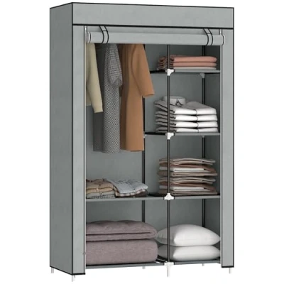 Afbeelding van HOMCOM Kledingkast Stoffen Kast met Kledingstang, 6 Vakken, Opvouwbare Garderobe in Vlies Optiek, voor Slaapkamer, Hal, Grijs, 103 x 43 162,5 cm