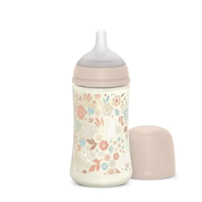 Afbeelding van Suavinex, babyfles 270 ml met symmetrische siliconen zuiger SX Pro en anti koliek ventiel, middelsterke speen (M). Voor kinderen vanaf 3 maanden. Nederland, bloemen, roze