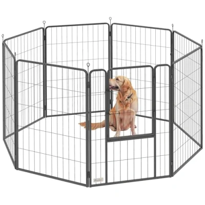 Afbeelding van PawHut Welpenlaufstall 8 eckig Welpenauslauf mit Gitterplatten Tür Erdspießen flexibel faltbar Schutzplane Freilaufgehege 100cm hoch Hundelaufstall für Hund Katze Welpengitter drinnen draußen