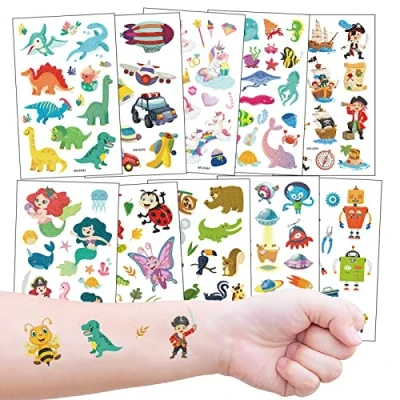Afbeelding van Tatoeages voor Kinderen, 10 Vellen Tijdelijke Kindertatoeages Set, Dino, Piraat, Zeemeermin, Vlinder, Feest, Kinderverjaardag Weggeefactie, Kerstmis, Geschenk Decoratie
