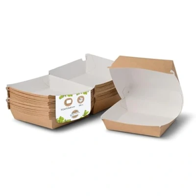 Afbeelding van BIOZOYG Take Away Burger Box 100 stuks I dozen met scharnierend deksel Hamburger doos gemaakt van vers vezelkarton To Go verpakking vetbestendig bruin wit 14,5 x 8 cm recyclebaar