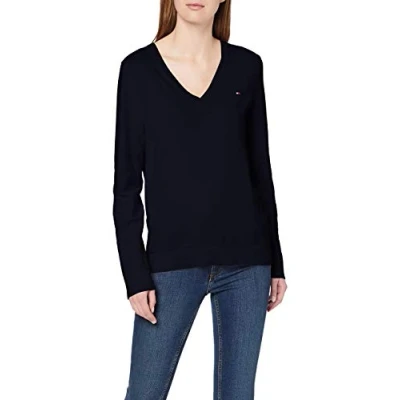 Afbeelding van Tommy Hilfiger dames Fijngebreide pullover met V hals en logoborduring in de kleur Donkerblauw, maat: S
