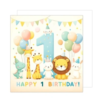 Afbeelding van Edition Seidel Premium vierkante verjaardagskaart voor de 1e verjaardag met envelop. Wenskaart spreuk Happy Birthday billet kaart meisjes jongen kind dieren (GQ258 SW024)