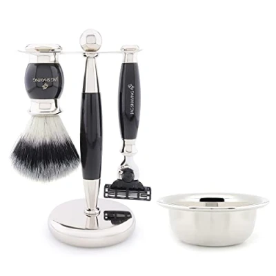 Afbeelding van Jag Shaving scheerset 4 delige JAG&#039;s LEE Range synthetisch scheerkwast met zilverpuntig haar 3 kanten scheermesjes scheermes scheerschaal scheerstandaard zwarte cadeauset