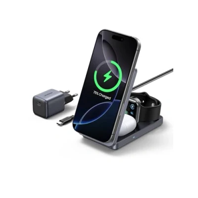 Afbeelding van UGREEN MagFlow Qi2 gecertificeerd iPhone oplaadstation 3 in 1, 15W draadloze oplader compatibel met MagSafe, voor 16,16 Pro, AirPods, Smartwatch, opvouwbare standaard 30W