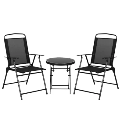 Afbeelding van Outsunny Tuinbistroset, 3 delig, tuinmeubelen, 2 klapstoelen met armleuningen + ronde salontafel, gehard glas, opvouwbaar, metaal, epoxy, mesh hoge dichtheid