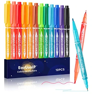Afbeelding van EooUooIP Kleuren Markers Pennen, Tekening Markers, Dual Tip Brush Marker 12 Permanente Art Pennen voor Tekening, Dubbele Ended Doodling, Kleuren, Markeren