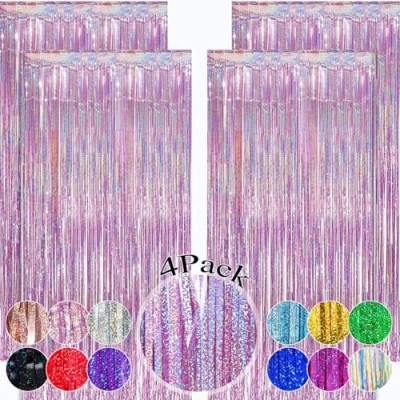 Afbeelding van OEMG 4 Pack 1x2,5m klatergoud folie franje gordijnen roze glitter laser streamers achtergrond voor kinderen meisje verjaardag Halloween kerst verwennen bruiloft LOL partij decoraties