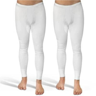 Afbeelding van SES lange onderbroeken voor heren, fijn geribbeld, set van 2, S 4XL, met gulp en zachte tailleband katoen, comfortabele onderbroek pijpen, wit, L