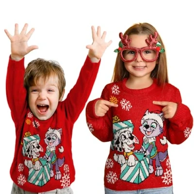 Afbeelding van United Labels Paw Patrol Marshall and Everest, kersttrui voor kinderen, gebreide wintertrui jongens en meisjes, rood, 98 104