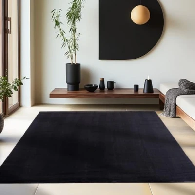 Afbeelding van Homebyhome Vloerkleed voor woonkamer, 120 x 170 cm, zwart, wasbaar, laagpolig, effen, modern design, antislip, extra zacht, pluizig tapijt slaapkamer en kinderkamer