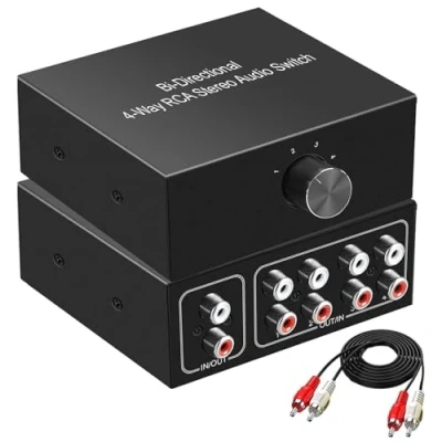 Afbeelding van UNSTINCER Audio Switch RCA L/R 4(1) in 1(4) Out, Analog Stereo Aux Schakelaar Selector Splitter Box voor Phono Hoofdtelefoon Speaker Soundbar PC Luidspreker Amplifier, Bidirectional 4 way