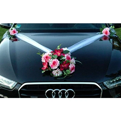 Afbeelding van Kanten autoboeket, autoversiering, bruidspaar, rozen, decoratie, huwelijk, auto, bruiloftsdecoratie (SS GER roze)