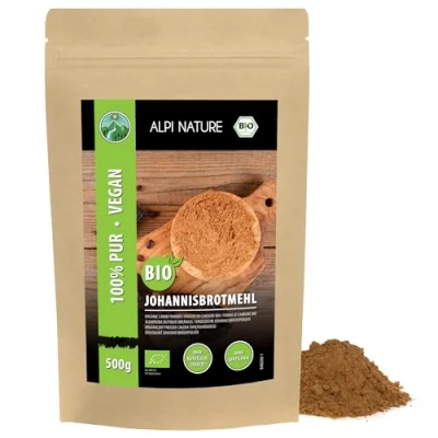 Afbeelding van biologische johannesbroodmeel (500g), donkere johannesbroodpoeder, van gecontroleerde teelt, glutenvrij, lactosevrij, laboratorium getest