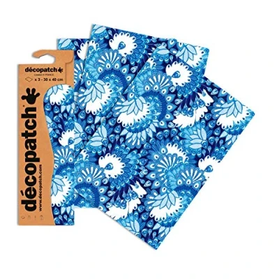 Afbeelding van Decopatch Papier No. 579 (blauw wit pauwenveer, 395 x 298 mm) 3 pack