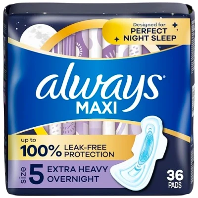 Afbeelding van Always Maxi Vrouwelijke Pads voor Vrouwen, Maat 5 Extra Heavy Overnight Absorptievermogen, met vleugels, ongeparfumeerd, 36 Count