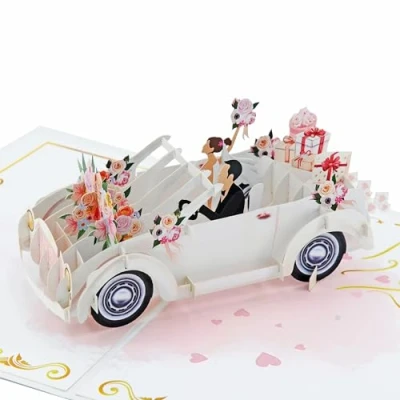 Afbeelding van Favour Pop Up® Bruiloftskaart, 3D bruiloftsauto, handgemaakte kaart voor bruiloft, geldgeschenk huwelijksreis, wenskaart bruiloft