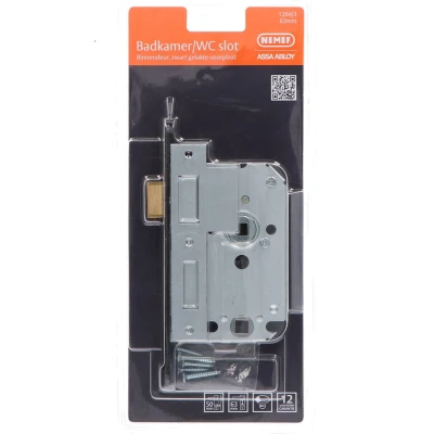 Afbeelding van Nemef 1264 Toilet/badkamerdeurslot DM50mm WC63mm krukgat 8mm voorplaat zwart gelakt 20x174mm afgerond messing dag en nachtschoot DR