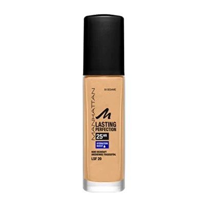 Afbeelding van Manhattan Lasting Perfection Sesame 50 25 uur make up, hydraterende foundation, langdurig, hoge dekking, voor een onberispelijke teint, 30 ml