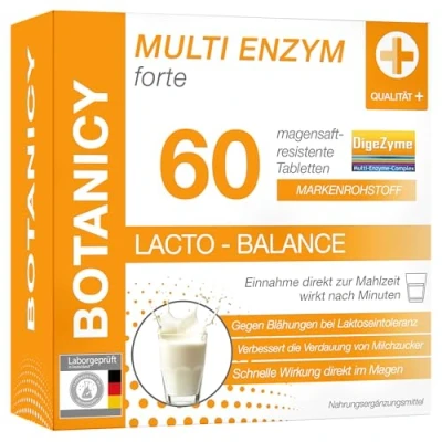 Afbeelding van Botanicy MULTI ENZYM FORTE normaliseert de spijsvertering, ook bij lactose intolerantie Multienzymcomplex DigeZyme® incl. spijsverteringsenzymen amylase, protease, lactase, lipase en cellulase