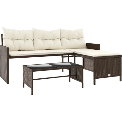 Afbeelding van Tuinbank met tafel en kussens L vormig poly rattan bruin