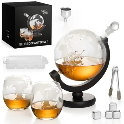 Afbeelding van Oak &amp; Steel Globe Whisky Karaf, Whiskey Decanter (XL 1500ml) met 2 Glazen, 4 Roestvrijstalen Whiskystenen, 1 Ijstang Meer Verjaardags en Valentijnscadeau voor Mannen
