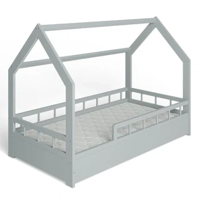 Afbeelding van MS FACTORY Huisbed met Matras 80x160 cm Kinderbed valbeveiliging Dennenhouten bed lattenbodem Halve Barrière Grijs