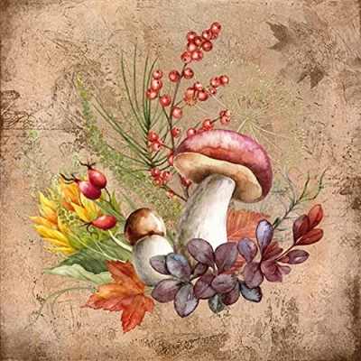 Afbeelding van 20 servetten eekhoorntjesbrood en herfstvruchten paddenstoelen bessen bladeren herfst tafeldecoratie decoupage servettechniek 33 x cm