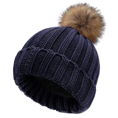 Afbeelding van Go Gadget Beanie Grof gebreid Pompom Winter muts Donker blauw