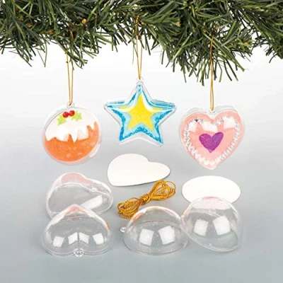 Afbeelding van Baker Ross EX2982 Doorzichtige hartvorm, stervorm en ronde kerstballen van plastic (9 stuks)