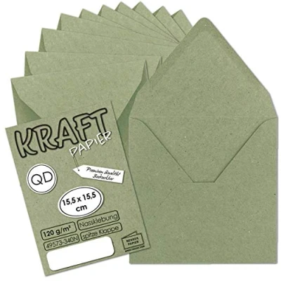 Afbeelding van Vintage enveloppen vierkant, van groen kraftpapier, duurzaam, 15,5 x cm, natte plakrand, puntklep, 50 stuks NEUSER PAPIER