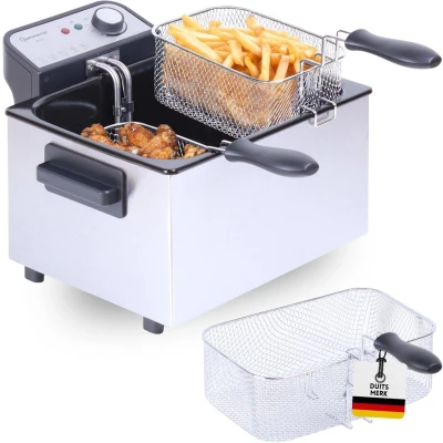 Afbeelding van Sommertal XXL dubbele friteuse met olie of vet 3 korven, 5 liter, 3000 watt, koude zone, DF3270 echte roestvrijstalen voor knapperige frietjes