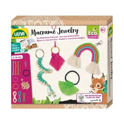 Afbeelding van LENA 42839 Eco Macramé Jewelry, knoopset voor kinderen vanaf 8 jaar, knutselset om een sleutelhanger, halsketting, haarelastiek en regenbooghanger, creatieve set sieraden