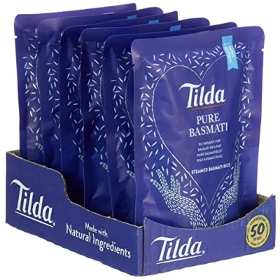 Afbeelding van Tilda Pure Voorgestoomde Basmati Rijst 6 x 250 Gram Multi Voordeelverpakking Basmatirijst Voorgestoomd Magische Aroma en Verukkelijke Smaak Klaar in 2 Minuten Glutenvrij Vegetarisch