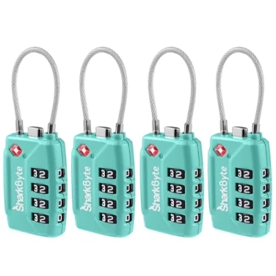 Afbeelding van SharkByte TSA Goedgekeurde koffersloten 4 Dial Security Travel Combinatie Hangslot, Flexibel Kabeldraad Reisslot voor Koffers, Bagagesloten, Case Reistas Gym Locker Code Klein Hangslot (Pack 4)