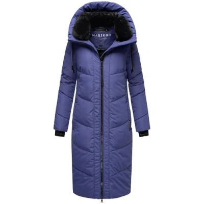 Afbeelding van MARIKOO Nadaree XVI XS XXL Winterjas voor dames, warm, gewatteerd, lang, met verstelbare capuchon en hoge kraag, Blauw Violet,