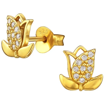 Afbeelding van JoyS Zilveren bloem oorbellen tulp 7 x 8 mm zirkonia sterling zilver 925 gold plated