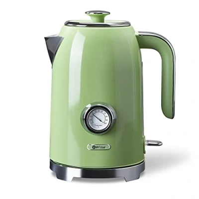 Afbeelding van Wiltal Waterkoker 1,7 l, 2200 W, roestvrij staal, met broodrooster als set te combineren, retrostijl (watertemperatuurweergave in retrodesign, externe waterniveau indicator), vintage, retrogroen