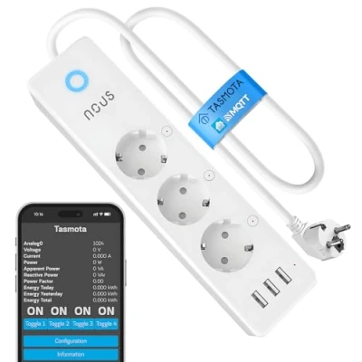 Afbeelding van NOUS A5T Tasmota Stekkerdoos met USB hub, wifi, wandmontage, meervoudige stekker, 15 A, smart stekker stroommeter, timer, ioBroker Home Assistant Alexa 2,4 GHz