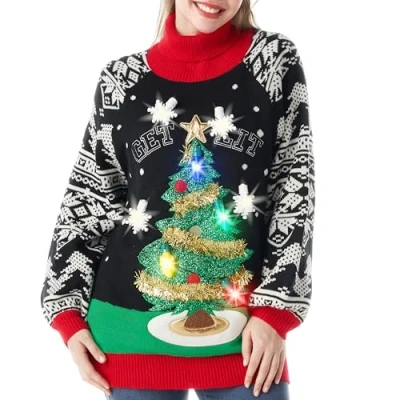 Afbeelding van JOYIN Vrouw Light Up Pullover Lelijke Lange Jumper Jurk met Grappige 3D Kerstboom en Nieuwigheid Gloeilampen, Zwarte Mouw Xmas Gebreide Patroon Jumper, Zwart, XL