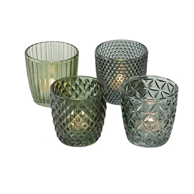 Afbeelding van Windlicht glas groen theelichthouder set van 4