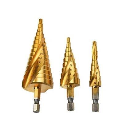 Afbeelding van Mengshen Trappenboor HSS spiraalfluit 3 delige set 4 12 mm / 20 32 mm, titanium gecoat boorgereedschap, multifunctioneel zeskantschacht snelstaal