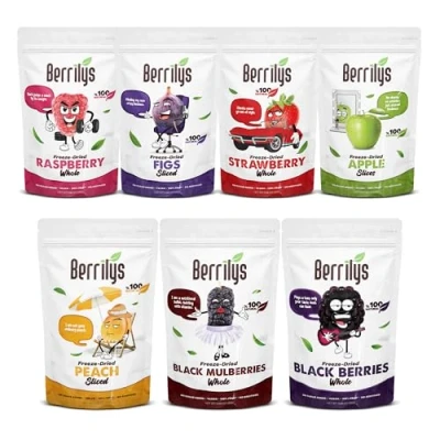 Afbeelding van Berrilys Gevriesdroogde smaakbundel, vijg, perzik, appel, bramen, zwarte moerbei, framboos, aardbei, gezonde snack, geen toegevoegde suiker, niet gmo, pak van 7, elk 25 gram