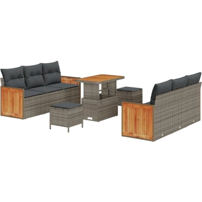 Afbeelding van vidaXL 9 delige tuinsofa set met kussens Grijs Poly Rieten Acacia, 2 zitter Rieten, 3 tuin eetset Acacia