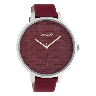 Afbeelding van OOZOO Timepieces Zilverkleurige horloge met bordeaux rode leren band C10408