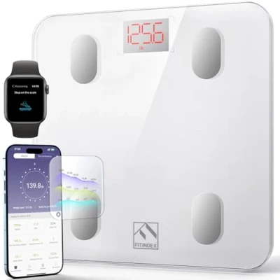 Afbeelding van FITINDEX Bluetooth personenweegschaal met app, smart digitale weegschaal voor lichaamsvet, BMI, gewicht, spiermassa, water, eiwitten van de lichaamssamenstelling fitness, wit