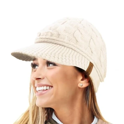 Afbeelding van TOSKATOK Dames piekkabel gebreide warme R80 Teddy Fleece gevoerde beanie wintermuts, Crème, Eén Maat