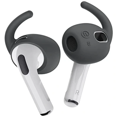 Afbeelding van elago 4 Paar Vervangende Oorhaakjes Hoesjes Compatibel met Airpods 3e Generatie [Toegevoegd Opbergzakje] Anti Slip Ergonomische Oordopjes, 2 Kleine &amp; Grote Maat (Donkergrijs)
