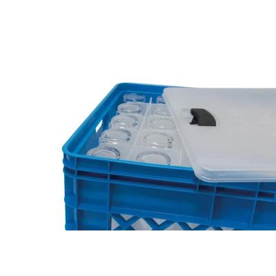 Afbeelding van SUNWARE Square glazen krat met deksel 52 Liter voor 60 bier , ranja of frisdrankglazen blauw