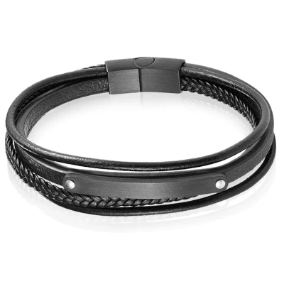 Afbeelding van Mendes Heren Armband Zwart Leer Edelstaal ID Graveerplaat 19cm